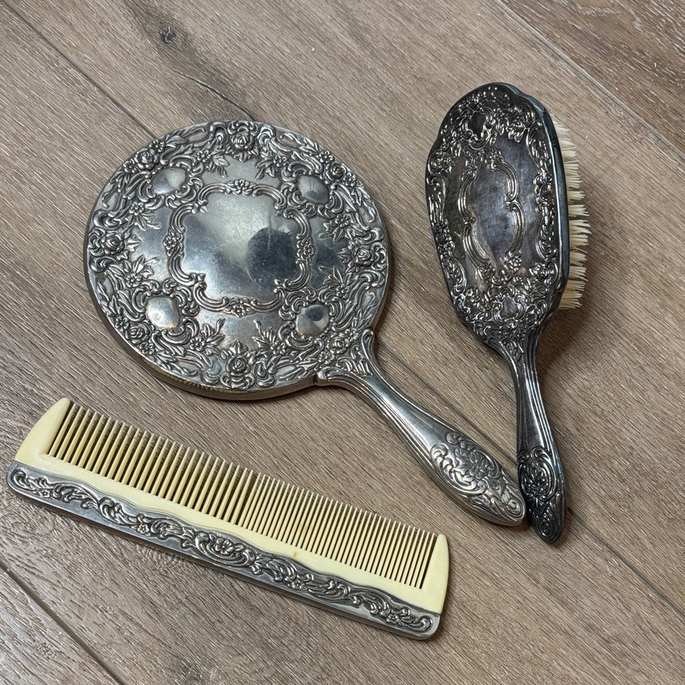 Ornate Vintage Silver Vanity Set - Mirror, Brush & Comb